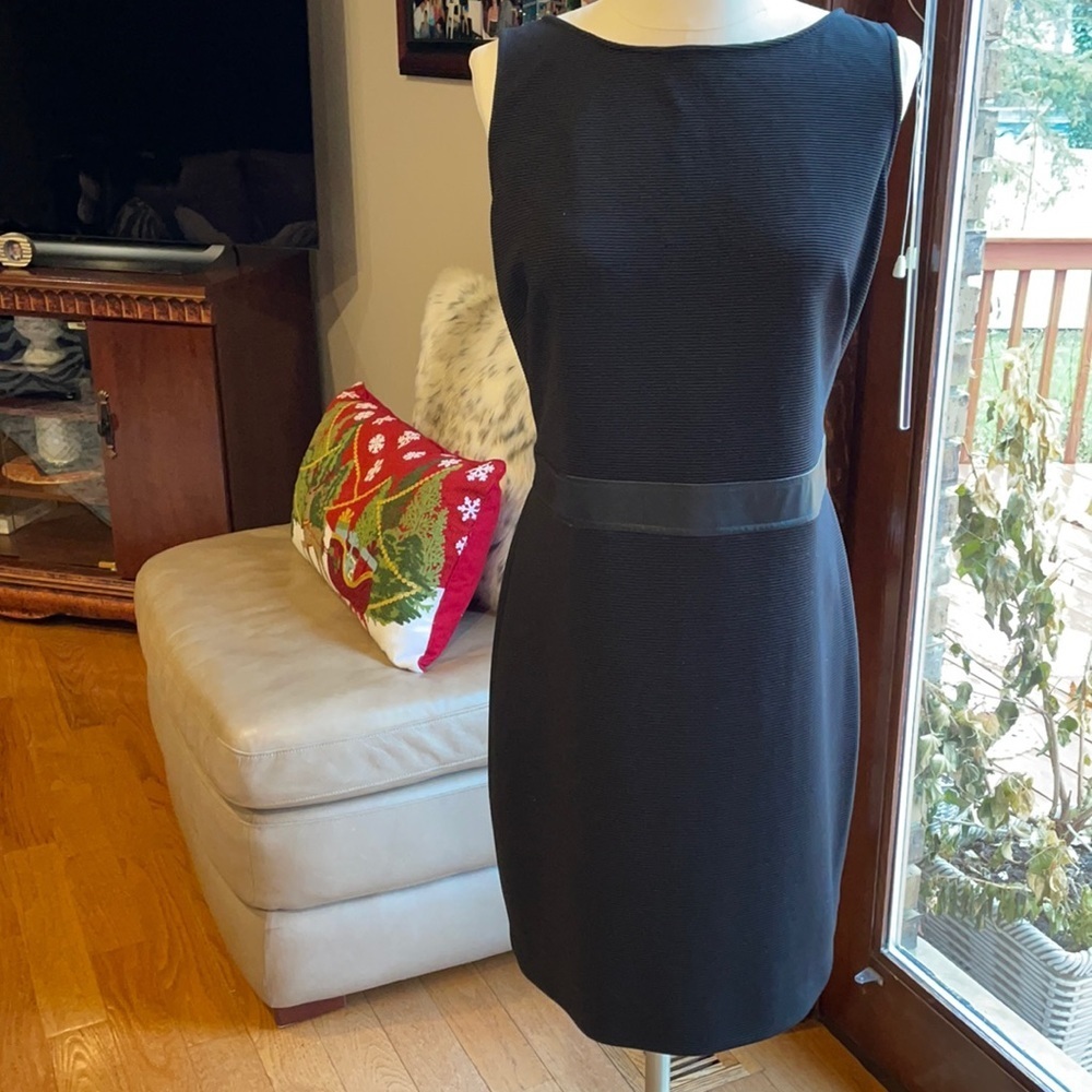 NWT American living sheath BLACK dress faux leather trim waist sleeveless 10
